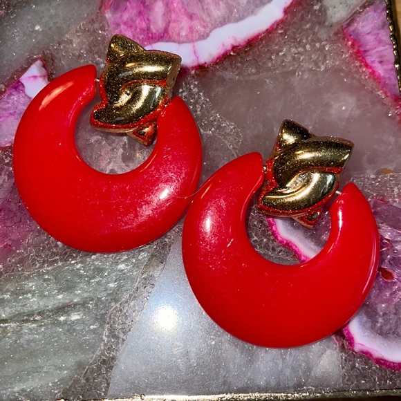 Jewelry - Vintage Retro Red & Gold Lucite Acrylic Door Knocker Pierced Earrings